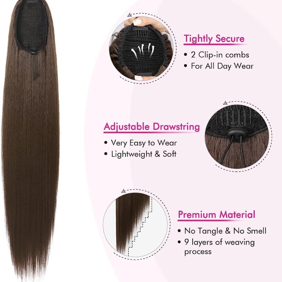 36 Inch-180 Gram Ponytail Extension, Straight Drawstring Ponytail Hair Extension - Picture 4 of 7